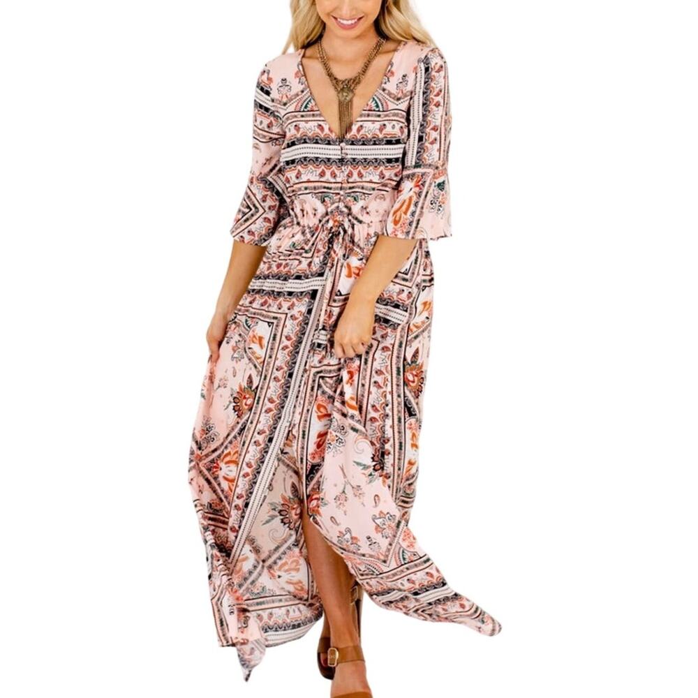 INDIKAH Peach Pink Floral Paisley Boho Lightweight Maxi Dress Sz XS